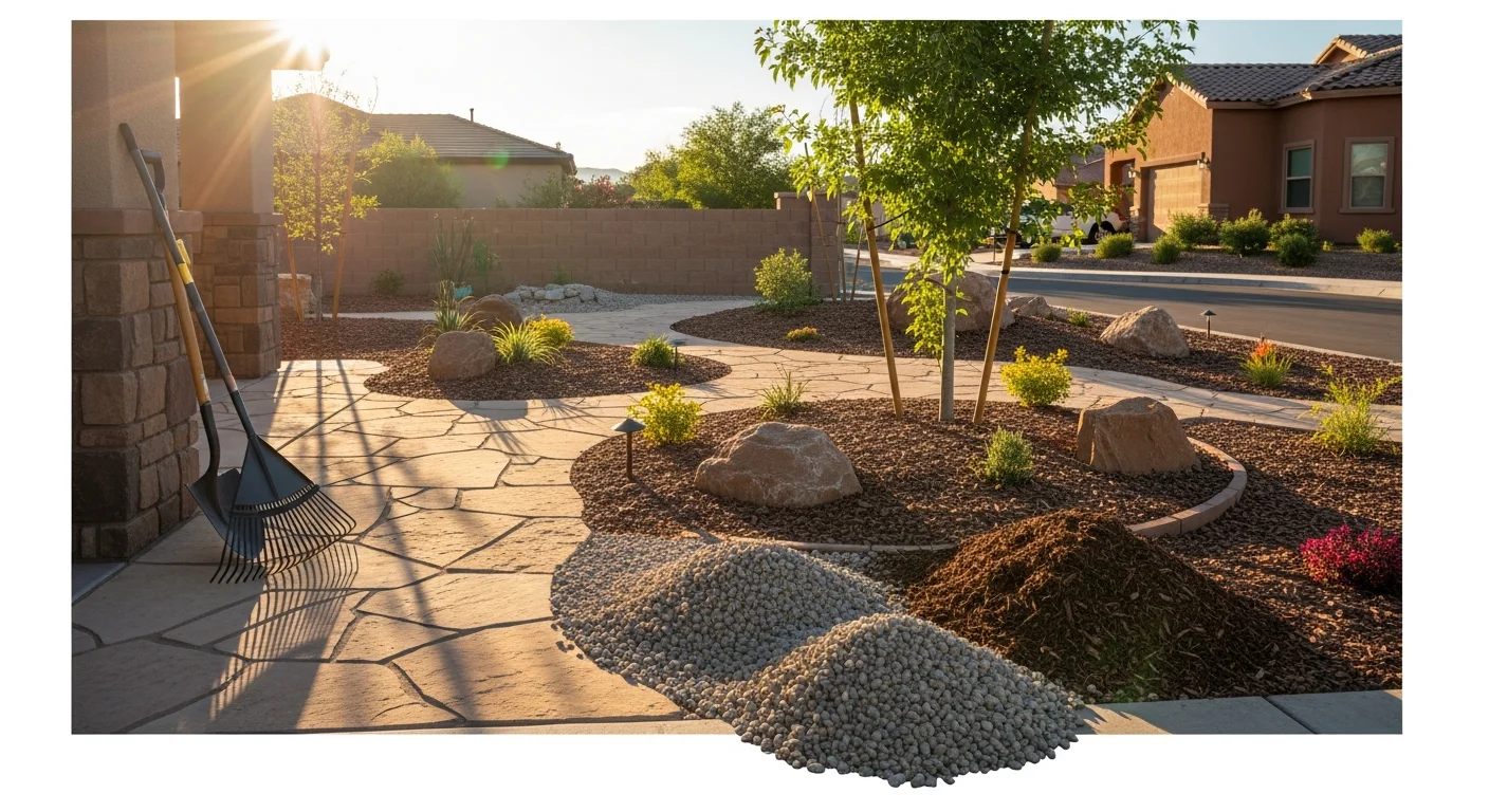 Professional landscaping installation with desert plants and hardscape features in Prescott Valley
