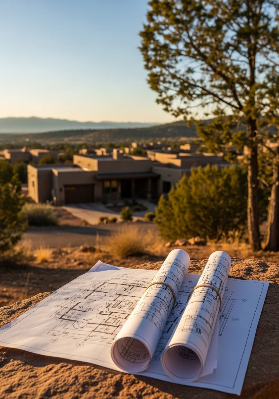 Contractor reviewing plans on a Prescott Valley property, with newer home architecture and open terrain visible.