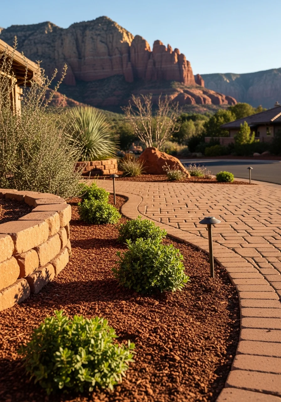Skilled craftsperson working on a high-end Sedona property detail, with red rock scenery and quality finishes evident.