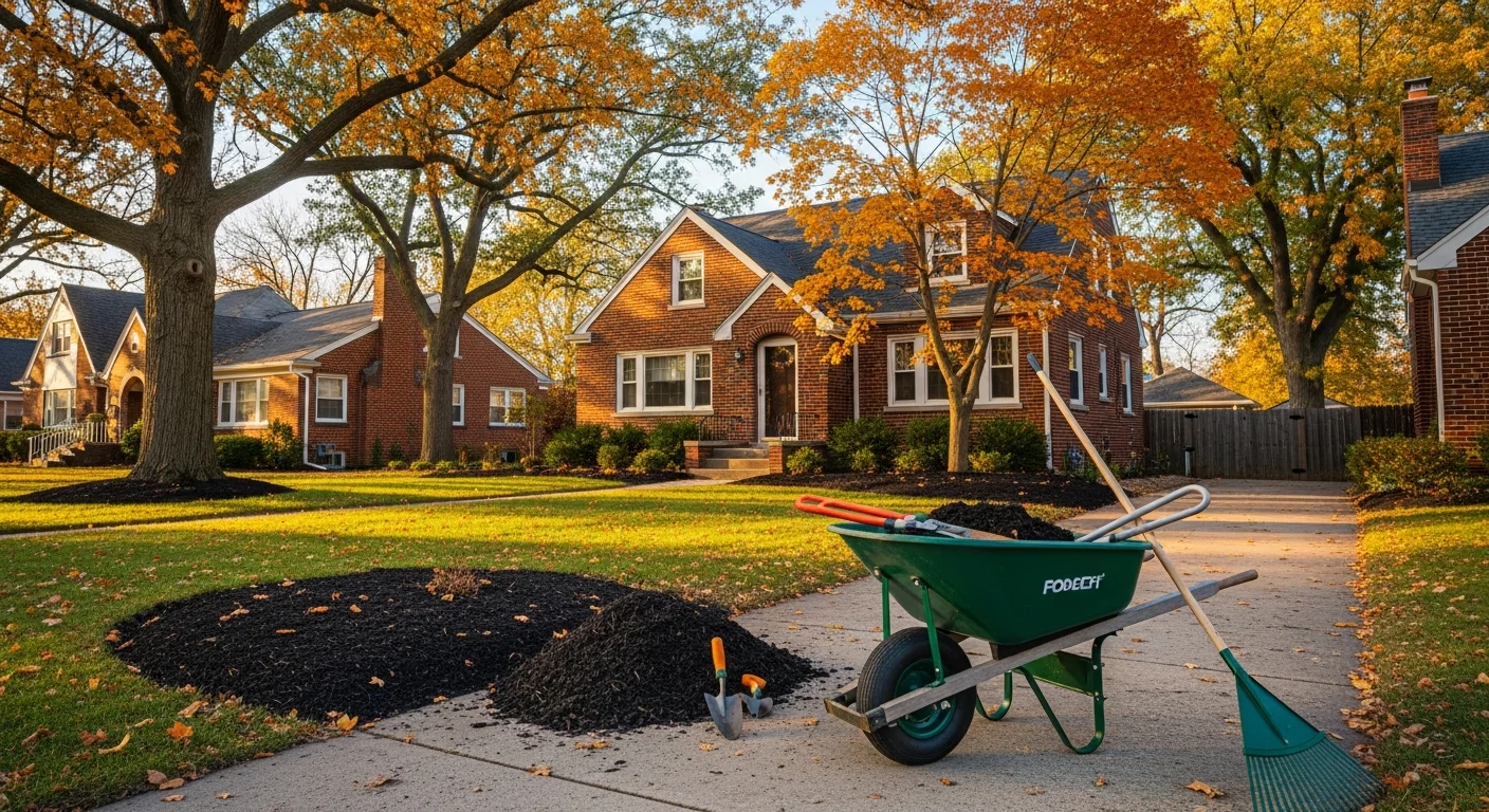 Skilled tradesperson working on a residential home exterior in a Quad Cities neighborhood, with mature trees and brick construction visible.