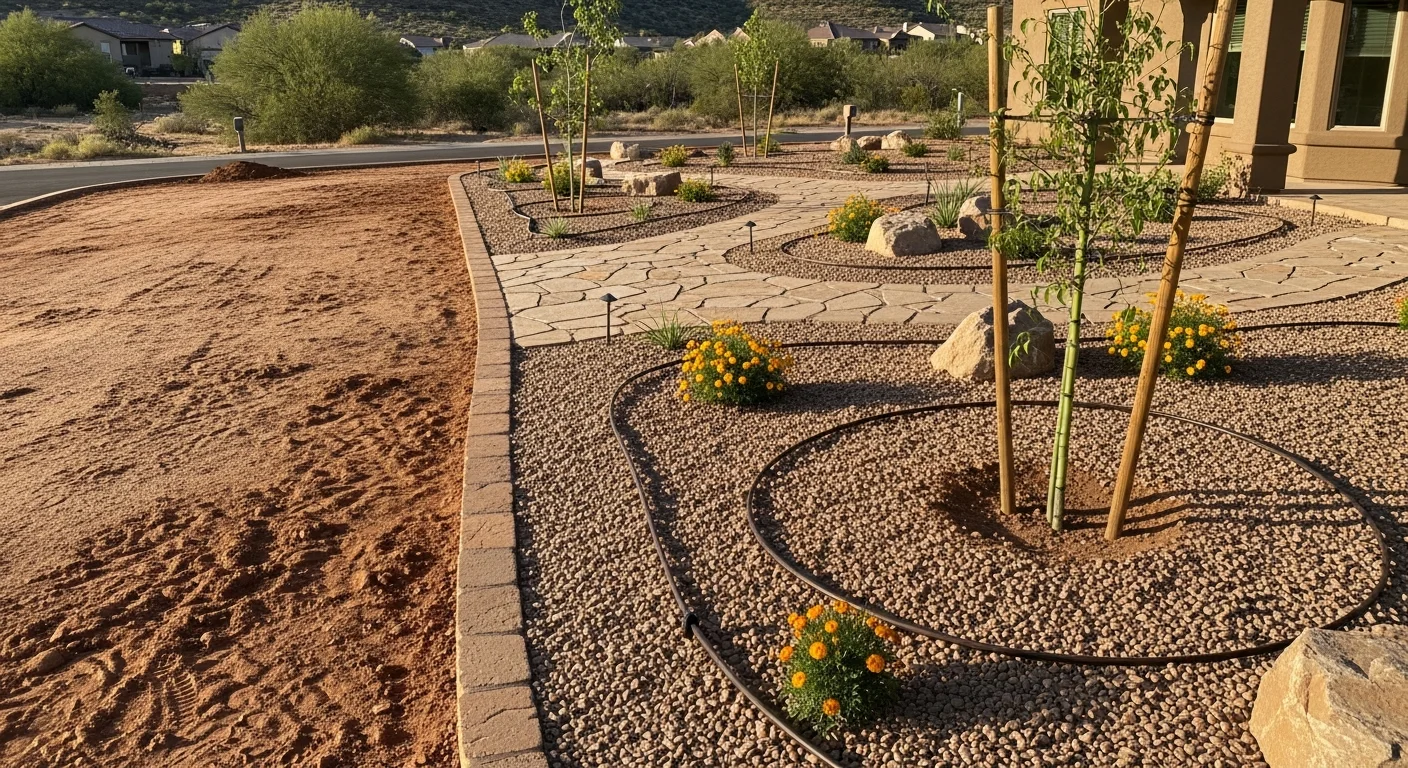 A finished desert landscape at a Quad Cities residential property, featuring decorative gravel, native cacti, and a flagstone pathway under bright Arizona sun. Boulder groupings and low-water shrubs frame the front yard with clean, structured lines.