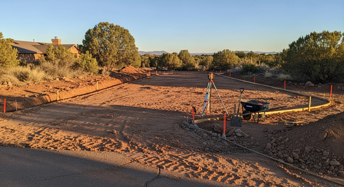 A freshly constructed residential concrete driveway in the Quad Cities with clean edges, smooth surface finish, and proper slope away from the home's foundation. Western Landscapes hardscape construction project shown in a Davenport-area residential setting.