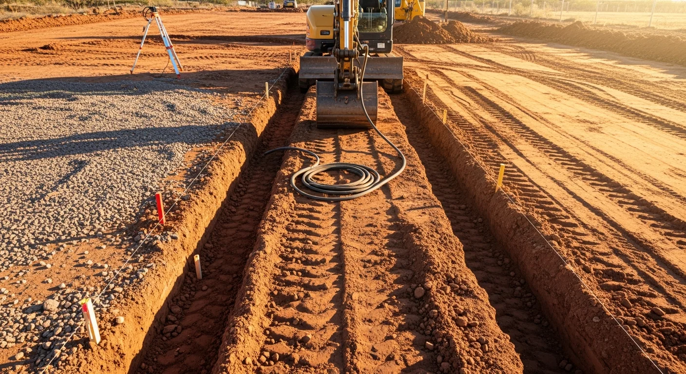 A tracked excavator digging a foundation trench on a cleared residential lot in the Quad Cities, with exposed soil walls and a level cut base ready for construction. The surrounding area shows flat Midwest terrain typical of the Iowa-Illinois metro region.