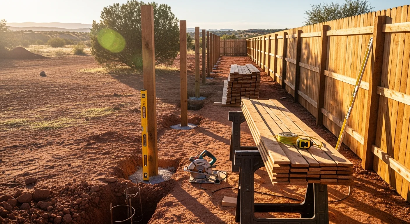 A newly installed wood privacy fence running along the backyard of a residential property in the Quad Cities, with concrete post footings visible at ground level. The fence panels are plumb and evenly spaced against a flat Iowa lawn.