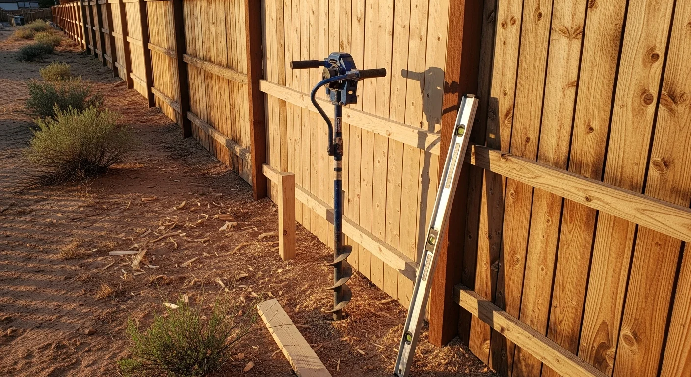 A repaired wood privacy fence with straight posts and replaced boards in a residential backyard in the Quad Cities. A Western Landscapes crew member checks post stability along the fence line.