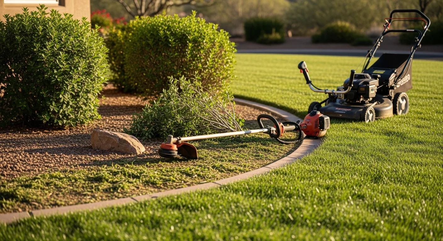 A well-maintained residential lawn in the Quad Cities with cleanly edged turf, trimmed shrubs along the front of the home, and a tidy mulched bed in summer condition. A Western Landscapes crew member is visible in the background completing edging work along the driveway.