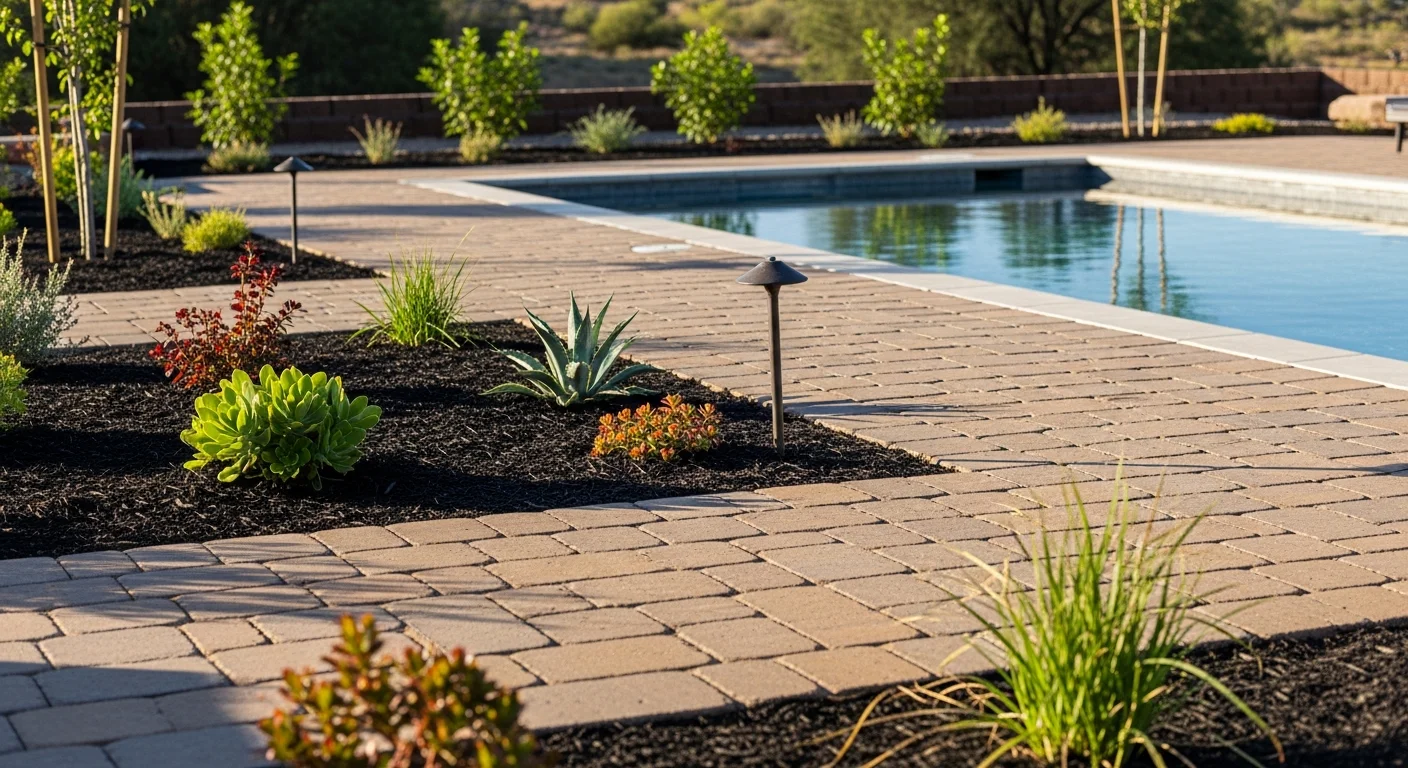 A finished backyard pool area in the Quad Cities with paver decking, low-maintenance planting beds along the pool edge, and privacy shrubs along the rear property line. The space shows clear walking paths and defined lounge zones surrounding an inground pool.