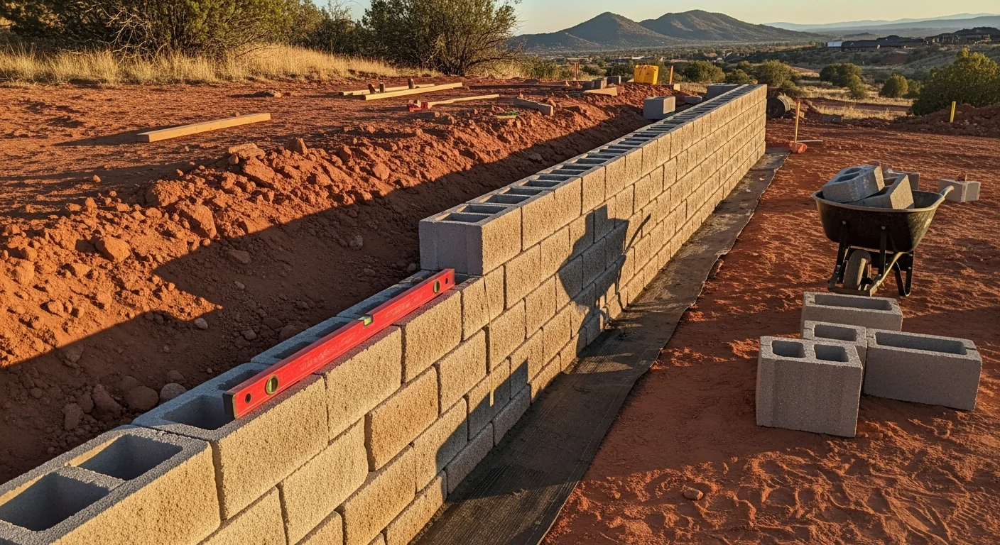 A completed segmental block retaining wall holding a sloped residential backyard in the Quad Cities, with flat lawn space above the wall and clean drainage gravel visible at the base. The wall runs along a grade change between a patio area and a lower lawn section in a Davenport home.