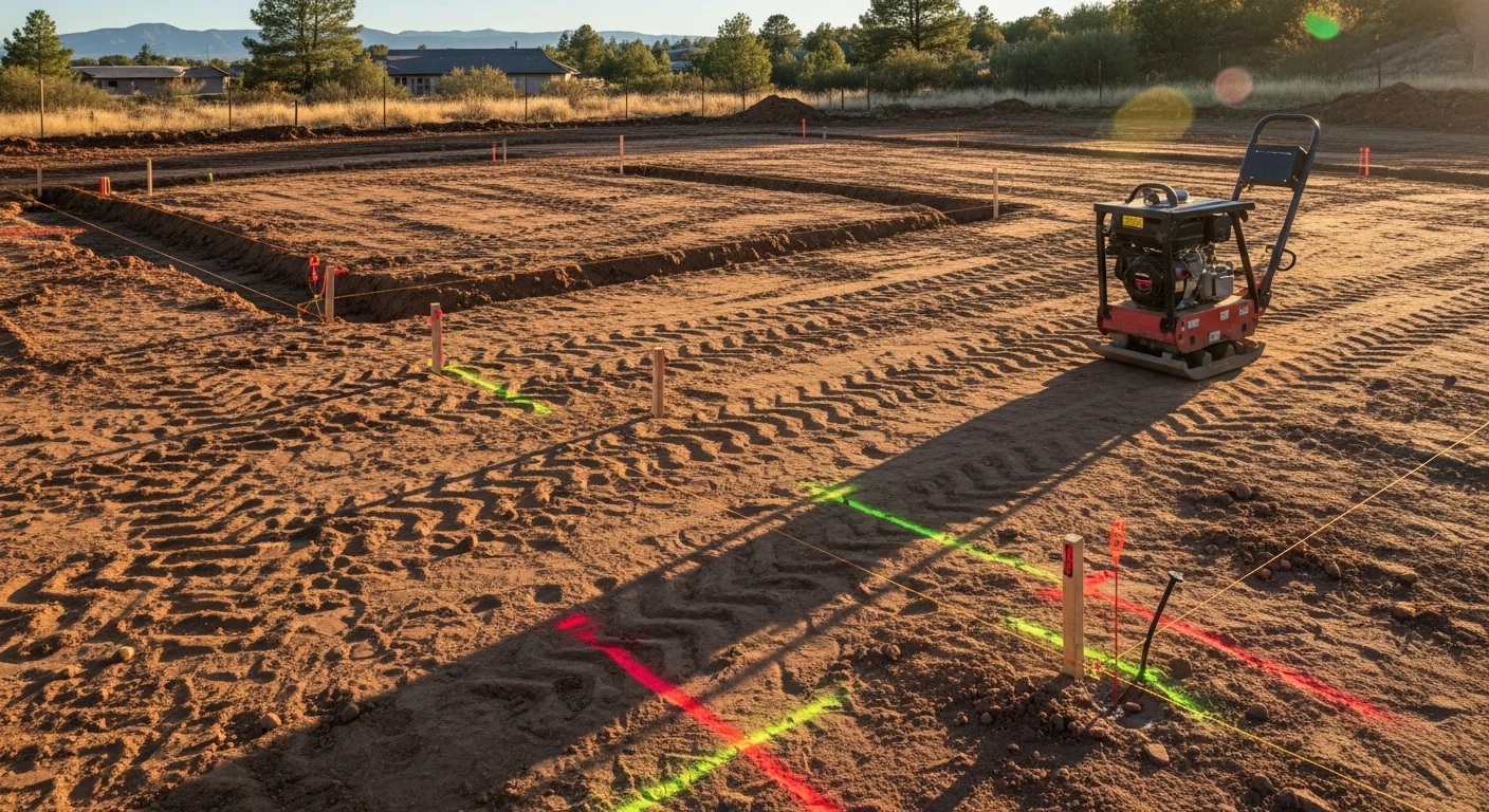 A graded and compacted residential building lot in the Quad Cities with cleared soil surface and drainage slopes cut away from the foundation area. Heavy equipment tracks are visible across the leveled ground, showing completed site preparation work before construction begins.